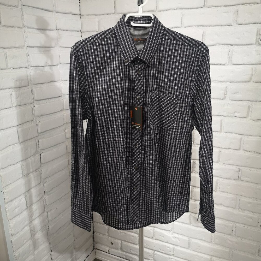 NWT Ben Sherman Men's Size Small Black Grey & White Checkered Dress Shirt